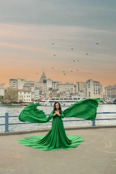 Emerald Green Flying Dress Wings at Ortakoy Mosque & Bosphorus
