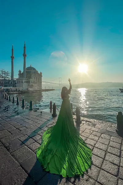 Emerald Green Flying Dress Sunburst Portrait at Ortakoy Mosque