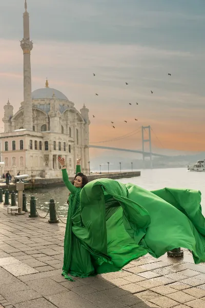 Emerald Green Flying Dress Dramatic Wave at Ortakoy Waterfront
