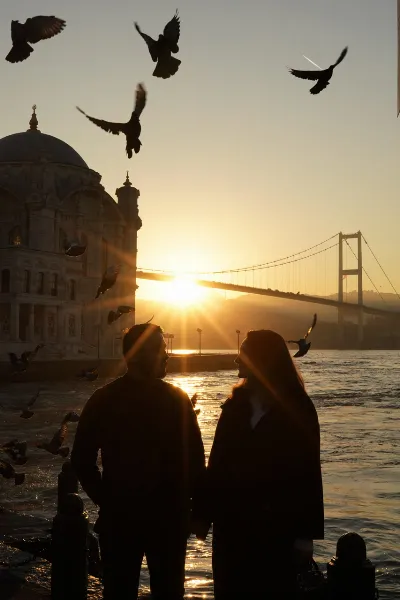 Romantic Couple Sunset Silhouette with Seagulls & Bosphorus Bridge