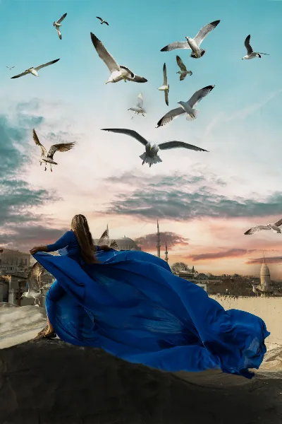 Royal Blue Flying Dress on Valide Han Rooftop with Seagulls