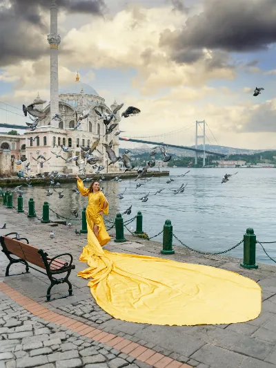 Yellow Flying Dress Photoshoot at Ortakoy Mosque with Seagulls