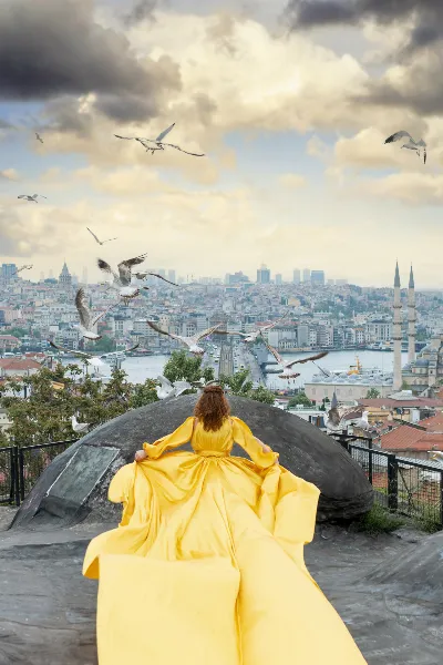 Yellow Flying Dress Rooftop Photoshoot at Valide Han Istanbul