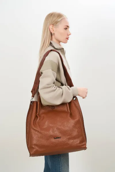 Camel Knit Dress & Tan Croc Leather Tote Bag Studio Model Shoot (#10705)