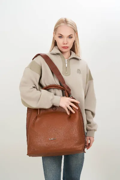 Camel Knit Dress & Tan Croc Leather Tote Bag Studio Model Shoot (#10706)