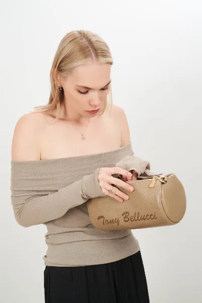Minimalist Cream & White Outfit with Leather Handbag Studio Model Shoot (#10730)